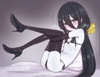 1girl bikini black_bikini black_hair black_thighhighs blush chabatake_yunomi chuugoku_usagi commentary_request elbow_gloves flat_chest gloves grey_eyes high_heels highres hugging_own_legs knees_up long_hair looking_at_viewer low_ponytail micro_bikini pale_skin ponytail solo steaming_body swimsuit thighhighs very_long_hair voicevox