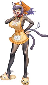 1girl akebi_(taimanin_series) animal_ears apron bodysuit bodysuit_under_clothes breasts cat_ears cat_girl collar curvy full_body impossible_bodysuit impossible_clothes impossible_leotard large_breasts leotard leotard_under_clothes lilith-soft long_hair looking_at_viewer nekomata purple_hair shiny_clothes shiny_skin slippers standing tail taimanin_(series) taimanin_rpgx wide_hips yellow_apron yellow_eyes zol