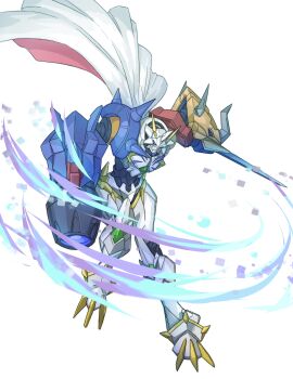 Rule 34 | absurdres, arm blade, arm cannon, armor, cape, commentary request, digimon, digimon (creature), energy cannon, energy gun, highres, horns, mecha, mix (candlmix), omegamon, omegamon x-antibody, robot, shoulder armor, two-sided cape, two-sided fabric, weapon, white armor, white background, white cape, x-antibody