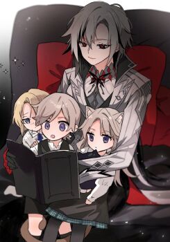 2boys 2girls :o aged_down animal_ear_fluff animal_ears arlecchino_(genshin_impact) black_eyes black_hair black_ribbon black_shorts black_skirt black_vest blonde_hair blue_eyes book brother_and_sister brothers cat_ears cat_girl cat_tail child closed_mouth collared_shirt commentary_request couch eyelashes freckles freminet_(genshin_impact) frilled_sleeves frills genshin_impact gradient_background grey_hair hair_between_eyes hand_on_another&#039;s_shoulder holding holding_book jacket lapels long_hair long_sleeves lynette_(genshin_impact) lyney_(genshin_impact) multicolored_hair multiple_boys multiple_girls neck_ribbon on_couch open_book open_mouth parted_bangs pillow purple_eyes raised_eyebrows reading red_pupils ribbon satorigame shirt short_hair shorts siblings sidelocks sitting sitting_on_lap sitting_on_person skirt smile sparkle streaked_hair symbol-shaped_pupils tail tail_around_another&#039;s_leg vest white_hair white_jacket white_shirt x-shaped_pupils