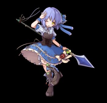 1girl black_background bloomers blue_boots blue_dress blue_hair blue_ribbon blush boots breasts collared_dress dress full_body green_socks hair_between_eyes hair_ornament hair_ribbon holding holding_polearm holding_weapon merc_storia merc_storia_art_team nina_(merc_storia) official_art one_eye_closed open_mouth polearm puffy_short_sleeves puffy_sleeves ribbon short_hair short_sleeves simple_background small_breasts socks solo standing standing_on_one_leg striped_clothes striped_dress tachi-e underbust underwear weapon yellow_eyes