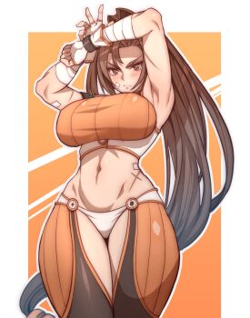 1girl armpits arms_up bandages blush breasts brown_eyes brown_hair carcass_(artist) curvy dnf_duel dungeon_and_fighter female_fighter_(dungeon_and_fighter) female_striker_(dungeon_and_fighter) fighter fingerless_gloves frown gloves highres large_breasts long_hair looking_at_viewer looking_down low-tied_long_hair midriff muscular muscular_female ponytail scar serious solo sportswear swept_bangs thick_thighs thighs toned very_long_hair wide_hips