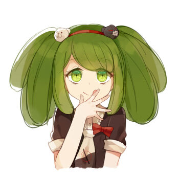 +_+ 1girl :q animal_ears bare_arms bear_ears big_hair black_jacket black_necktie blunt_bangs bow bowtie buttons closed_mouth collared_shirt commentary_request cosplay cropped_torso danganronpa_(series) danganronpa_another_episode:_ultra_despair_girls dot_nose dress_shirt enoshima_junko enoshima_junko_(cosplay) eyelashes eyes_visible_through_hair green_eyes green_hair hairband happy hiragi_rin jacket medium_hair necktie no_symbol print_necktie red_bow red_bowtie red_hairband shirt short_sleeves sidelocks simple_background sleeve_cuffs smile solo straight-on tongue tongue_out towa_monaca twintails two-tone_necktie white_background white_necktie white_shirt