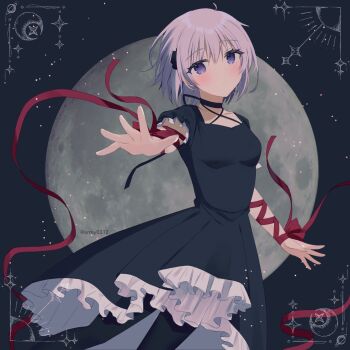1girl aiyan arm_ribbon black_choker black_dress black_pantyhose blush border bow breasts choker commentary crescent crop_top cross_hair_ornament dress eyelashes eyes_visible_through_hair feet_out_of_frame frilled_dress frilled_sleeves frills full_moon grey_hair hair_between_eyes hair_ornament highres kagari_(rewrite) long_ribbon looking_at_viewer medium_dress moon night outdoors outstretched_arm outstretched_hand pantyhose parted_lips puffy_short_sleeves puffy_sleeves purple_eyes red_bow red_ribbon rewrite ribbon short_hair short_sleeves small_breasts solo standing twitter_username wrist_bow