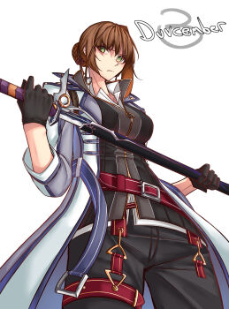 Rule 34 | 1girl, absurdres, black gloves, braid, breasts, brown hair, bun with braided base, coat, commentary, dated, duvalie, eiyuu densetsu, english commentary, english text, front zipper, gloves, green eyes, hair between eyes, hair bun, highres, holding, holding sword, holding weapon, large breasts, moren eh, open clothes, open coat, rean schwarzer, sen no kiseki, sen no kiseki (series), sen no kiseki iii, single hair bun, solo, sword, tachi (weapon), upper body, weapon