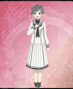 1girl :d ayanokouji_martial_arts_school_uniform black_neckerchief black_shirt black_socks breasts brown_eyes dot_nose feet_out_of_frame floral_background game_cg grey_hair grey_sailor_collar hand_on_own_chest hasui_mayumi layered_sleeves long_sleeves looking_at_viewer medium_breasts messy_hair neckerchief official_art open_mouth pink_background sailor_collar school_uniform serafuku shirt shoes short_hair skirt smile socks solo straight-on teeth third-party_source toji_no_miko toji_no_miko:_kizamishi_issen_no_tomoshibi upper_teeth_only very_short_hair white_serafuku white_shirt white_shoes white_skirt
