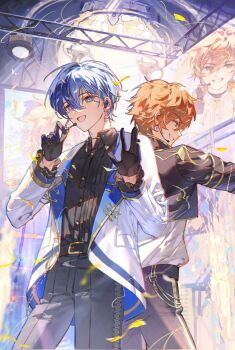 2boys aoyagi_touya belt black_gloves black_pants chain commentary_request earrings gloves highres jewelry looking_at_viewer looking_back microphone multicolored_hair multiple_boys official_alternate_costume open_mouth pants project_sekai shinonome_akito smile stage teeth youye139