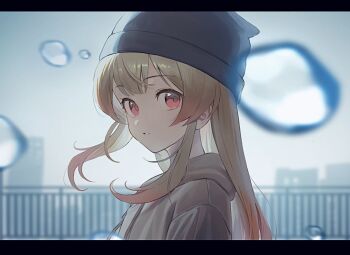 1girl alternate_costume backlighting beanie black_hat blonde_hair bloom blurry blurry_background brown_hoodie building commentary cool_colors depth_of_field dot_nose double-parted_bangs drawstring english_commentary expressionless floating_hair from_side gradient_hair grey_sky hat hololive hololive_dev_is hood hood_down hoodie letterboxed long_hair long_sidelocks looking_at_viewer looking_to_the_side loose_hair_strand mitoha motion_blur multicolored_hair orange_hair otonose_kanade outdoors parted_lips portrait railing rain raised_eyebrows red_eyes sidelocks sky solo swept_bangs turning_head two-tone_hair virtual_youtuber water_drop