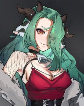 1girl absurdres animal_ears bell belt breasts cleavage colored_sclera cow_ears cow_girl cow_horns cowbell crelly crelly_(dress) dress fishnet_top fishnets fur-trimmed_jacket fur_trim green_hair grey_background grey_eyes hashtag-only_commentary heterochromia highres horns indie_virtual_youtuber jacket long_hair mandradox medium_breasts red_dress red_eyes virtual_youtuber