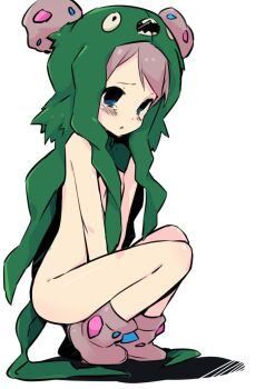 10s 1girl alternate_color blue_eyes boots covering_privates dasutodasu female_focus grey_hair hood loli md5_mismatch nakamura_sandayo nintendo nude nude_cover open_mouth personification pokemon pokemon_bw shiny_skin simple_background sitting solo tears trash