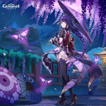 1girl armor braid braided_ponytail breasts bridal_gauntlets bug butterfly commentary english_commentary flower from_behind full_body genshin_impact hair_ornament highres holding holding_umbrella insect japanese_clothes kimono long_hair long_sleeves looking_at_viewer looking_back mitsudomoe_(shape) mole mole_under_eye night obi official_art oil-paper_umbrella outdoors parted_lips purple_eyes purple_hair purple_kimono purple_thighhighs raiden_shogun sash shoulder_armor single_braid sky solo standing thighhighs tomoe_(symbol) umbrella very_long_hair wide_sleeves