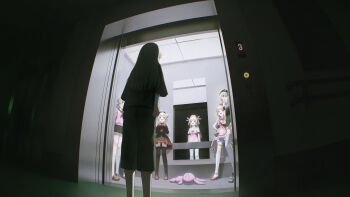 Rule 34 | 6+girls, absurdres, apron, black dress, black thighhighs, blurry, brown hair, commentary request, dark, depth of field, dress, elevator, fisheye, hat, highres, horror (theme), indoors, long hair, mirror, multiple girls, multiple persona, natori sana, natori sana (devil natori), natori sana (nurse), natori sana (school uniform), nurse, nurse cap, official alternate costume, pink apron, sana channel, standing, stuffed animal, stuffed rabbit, stuffed toy, thighhighs, tokaki, virtual youtuber, white thighhighs