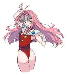 Rule 34 | 1girl, ass, commentary request, cropped legs, green eyes, hair intakes, highres, leotard, long hair, looking at viewer, looking back, macross, macross 7, mylene jenius, pink hair, red leotard, shouji nigou, simple background, smile, solo, white background, white wristband