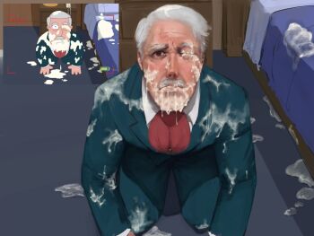 1boy all_fours bara bed carter_pewterschmidt commentary english_commentary facial_hair family_guy formal_clothes grey_hair highres indoors looking_at_viewer male_focus mature_male mustache old old_man oldmanyao1 one_eye_closed realistic screenshot_inset short_hair simulated_facial solo suggestive_fluid suit wrinkled_skin