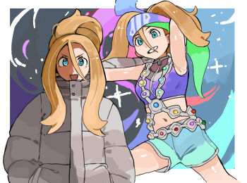 1girl :d aqua_eyes arm_behind_head blonde_hair coat commentary_request fpwgfnrixm35508 green_shorts grey_coat grin hair_between_eyes happy headband highres korrina_(pokemon) looking_at_viewer multiple_views nintendo open_mouth pokemon pokemon_legends:_z-a purple_vest shorts sidelocks smile teeth vest