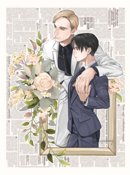 2boys arm_around_shoulder black_hair black_necktie black_shirt blonde_hair closed_mouth collared_shirt couple cow erwin_smith flower formal_clothes grey_jacket grey_pants grey_suit highres holding_hands interlocked_fingers jacket jumpsymphony levi_(shingeki_no_kyojin) light_smile male_focus multiple_boys necktie newspaper pants parted_bangs picture_frame rose shingeki_no_kyojin shirt short_hair suit suit_jacket swept_bangs twitter_username white_flower white_jacket white_pants white_rose white_suit yaoi