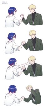 2boys absurdres black_shirt blonde_hair blue_eyes blue_hair cchoo00oo char_aznable cheating_(competitive) colored_inner_hair eye_poke green_jacket gundam gundam_gquuuuuux hair_over_eyes highres holding_hands in_the_face jacket long_sleeves lower_eyelashes_only male_focus multicolored_hair multiple_boys open_mouth pain poking purple_hair red_eyes sequential shirouzu_(gundam) shirt short_hair shuji_ito simple_background sleeveless tank_top turtleneck two-tone_hair white_background white_shirt