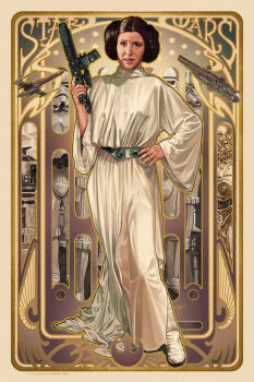 1girl brown_eyes double_bun dress full_body gun hair_bun hand_on_own_hip highres holding holding_gun holding_weapon looking_at_viewer princess_leia ruiz_burgos solo_focus star_wars star_wars:_a_new_hope stormtrooper weapon white_dress
