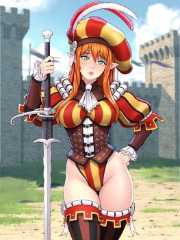 1girl breasts castle closed_mouth cowboy_shot day elf grass green_eyes groin hat_feather holding holding_sword holding_weapon landsknecht large_breasts leotard long_hair orange_hair original outdoors pointy_ears ronindude shiny_skin solo striped_clothes striped_hat striped_leotard striped_thighhighs sword thighhighs weapon