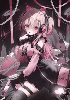 1girl absurdres animal_ear_headphones animal_ears bag black_bow black_bowtie black_nails black_skirt black_thighhighs blood bloody_knife bow bowtie breasts cat_ear_headphones cat_ears cellphone cleavage cleavage_cutout clothing_cutout commentary_request commission curtains fake_animal_ears fishnet_thighhighs fishnets frilled_shirt frilled_skirt frills gem gradient_hair hair_bow hair_ornament hairclip handbag headphones heart heart_cushion highres knife large_breasts long_hair long_sleeves momose_nina multicolored_hair multiple_hair_bows nail_polish o-ring o-ring_thigh_strap pearl_(gemstone) phone pink_hair pink_nails project_nebula shirt shoulder_cutout skeb_commission skirt solo stuffed_animal stuffed_toy stuffing teddy_bear thigh_strap thighhighs two_side_up virtual_youtuber youichi_(45_01)