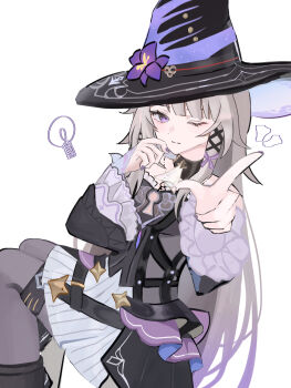 1girl ;) absurdres black_thighhighs bow dress flower hair_ornament hat herta_(honkai:_star_rail) highres honkai:_star_rail honkai_(series) jewelry key key_necklace light_bulb long_hair looking_at_viewer multicolored_dress multicolored_hair necklace one_eye_closed purple_bow purple_eyes purple_flower purple_nails simple_background sitting smile spoken_light_bulb the_herta_(honkai:_star_rail) thighhighs translated user_wvfg7253 white_background witch_hat x_hair_ornament