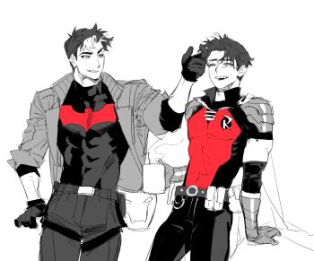 3000zialg bat_signal batman_(series) batman_symbol belt black_bodysuit black_gloves black_hair blue_eyes bodysuit brothers cape dc_comics gloves grey_bodysuit highres holding jacket jason_todd male_focus multicolored_bodysuit multiple_boys muscular muscular_male pants red_hood_(dc) robin_(dc) short_hair siblings smile superhero_costume taut_bodysuit tim_drake two-tone_bodysuit utility_belt yellow_cape