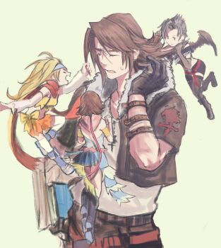 00s 1990s_(style) 1boy 3girls blonde_hair brown_hair cropped_jacket fairy final_fantasy final_fantasy_viii final_fantasy_x final_fantasy_x-2 floating fur_trim gloves grabbing_another's_hair grey_hair holding_another's_hair hood in-franchise_crossover kingdom_hearts kingdom_hearts_ii mini_person minigirl multiple_girls paine paine_(ff10) retro_artstyle rikku_(ff10) scar scarf skirt squall_leonhart square_enix sweatdrop umako_(sgumc1) wings yuna yuna_(ff10)