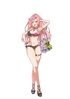 1girl absurdres alternate_costume amillion_(zenless_zone_zero) arm_behind_head arm_up armlet armpits bag bangboo_(zenless_zone_zero) bare_shoulders bikini bow bracelet breasts commentary_request earrings eyewear_on_head footwear_bow front-tie_bikini_top front-tie_top full_body gradient-tinted_eyewear green_eyes heart heart-shaped_eyewear heart_earrings heart_necklace highres jewelry large_breasts long_hair looking_at_viewer mole mole_on_breast mole_on_thigh mole_under_eye multicolored_bikini multicolored_panties navel necklace nicole_demara open-toe_shoes open_mouth panties pink_hair simple_background solo stomach stuffed_toy swimsuit thigh_strap tinted_eyewear tsurumaki_negi underwear white-framed_eyewear white_background zenless_zone_zero