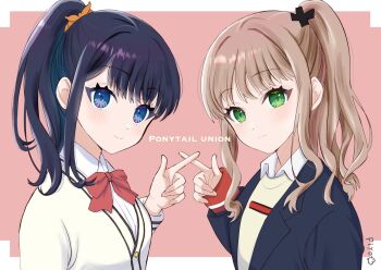 Rule 34 | 2girls, black hair, blue eyes, blush, bow, bowtie, breasts, brown hair, english text, green eyes, gridman universe, long hair, long sleeves, looking at viewer, minami yume, multiple girls, piyo (kinkooo333), ponytail, red bow, school uniform, shirt, skirt, small breasts, smile, ssss.dynazenon, ssss.gridman, takarada rikka, upper body