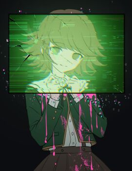 1boy absurdres black_background blood blood_on_clothes blood_splatter brown_eyes brown_hair brown_skirt commentary_request crossdressing crossdressing_(mtf) danganronpa:_trigger_happy_havoc danganronpa_(series) fujisaki_chihiro glitch green_jacket highres jacket kn0309dg long_sleeves medium_hair no_pupils pink_blood ribbon screen skirt smile solo trap
