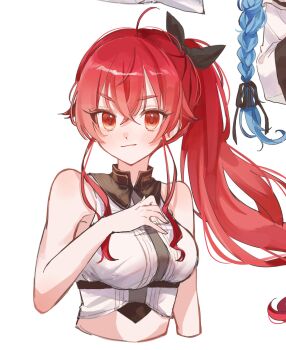 1girl ahoge eris_greyrat hair_ribbon hand_on_own_chest highres looking_at_viewer midriff mushoku_tensei ponytail red_eyes red_hair ribbon spica59 white_background