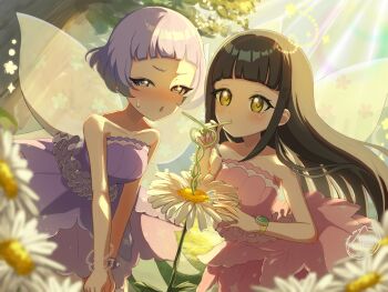 2girls averting_eyes bare_arms bare_shoulders black_hair blurry blush bracelet copyright_notice daisy_(flower) depth_of_field dot_nose dress drinking_straw embarrassed fake_wings flower frilled_dress frills highres himitsu_no_aipri jewelry leaning_forward light_rays long_hair mainatsu mamiya_chii multiple_girls outdoors parted_lips pink_dress pretty_series purple_dress purple_hair short_hair signature straight_hair suzukaze_tsumugi sweatdrop symbol-shaped_pupils triangle-shaped_pupils twitter_username v-shaped_eyebrows v_arms white_flower wings yellow_eyes
