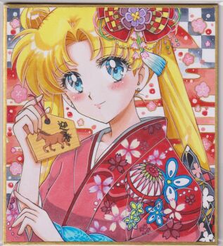 bishoujo_senshi_sailor_moon blue_eyes chikoto_(kztc4472) collarbone double_bun earrings hair_bun hair_ornament highres japanese_clothes jewelry kimono parted_bangs pink_kimono red_kimono smile stud_earrings tagme tsukino_usagi twintails