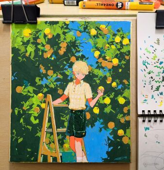 1boy bandaid bandaid_on_face black_shorts blonde_hair commentary green_eyes highres ladder lingcod_dayu looking_at_object male_focus orange_hair orange_tree original pastel_(medium) photo_(medium) picking_fruit shirt shorts socks symbol-only_commentary traditional_media tree white_socks yellow_shirt