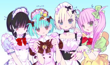 4girls apron aqua_hair bell black_choker black_hair blonde_hair blue_eyes blunt_bangs bow brown_bow choker dress ear_piercing fanged_bangs green_bow green_eyes hair_bow hair_ornament hair_ribbon highres hikimayu looking_at_viewer maid maid_headdress mole mole_under_eye multiple_girls open_mouth original piercing pink_hair puffy_short_sleeves puffy_sleeves red_bow red_eyes ribbon short_hair short_sleeves susushi_11 swept_bangs tongue tongue_out twintails
