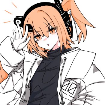 1girl a.i._voice adachi_rei black_shirt commentary_request drawstring hand_up highres jacket kumaniki_(kuma_6125) long_sleeves looking_at_viewer medium_hair one_side_up open_clothes open_jacket orange_eyes orange_hair shirt solo upper_body utau white_jacket