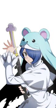 1girl ayu_(ddestiny944) blue_hair blue_hat breasts cowboy_shot cross-shaped_pupils digimon digimon_(creature) dress grey_eyes hair_over_one_eye hat highres katana nun simple_background sistermon_ciel solo sword symbol-shaped_pupils weapon white_background white_dress