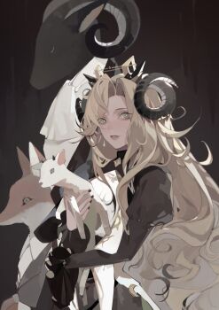 1girl absurdres animal ascot baby_animal beanetrrors black_background black_nails blonde_hair character_request chinese_commentary clothed_animal commentary_request copyright_request curtained_hair forehead fox frilled_cuffs from_side green_eyes hair_ornament highres holding holding_animal horns juliet_sleeves lamb lips long_hair long_sleeves looking_at_viewer looking_to_the_side nail_polish parted_lips puffy_sleeves sheep sheep_girl sheep_horns sideways_glance simple_background solo_focus very_long_hair