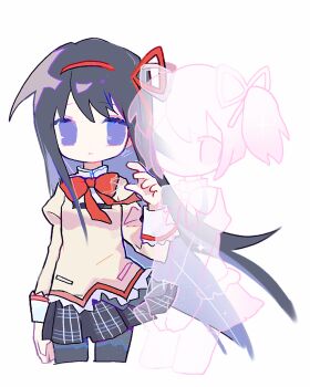 2girls akemi_homura black_hair black_pantyhose blank_eyes bow bowtie chinese_commentary commentary_request cropped_legs ghost hair_ribbon hairband hand_up highres kaname_madoka lace lace-trimmed_shirt lace_trim long_hair looking_at_another mahou_shoujo_madoka_magica mahou_shoujo_madoka_magica_(anime) mitakihara_school_uniform multiple_girls pantyhose parted_lips plaid_clothes plaid_skirt purple_eyes red_bow red_bowtie red_ribbon ribbon school_uniform shirt simple_background skirt tuteo white_background yellow_shirt