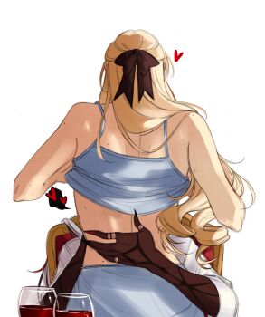 2girls alcohol arlecchino_(genshin_impact) babylo669 black_hands black_ribbon blonde_hair blue_camisole blue_skirt camisole camisole_lift clothes_lift colored_extremities commentary cup drinking_glass english_commentary genshin_impact hair_ribbon hand_on_another's_back heart highres long_hair mole mole_on_arm mole_on_back multiple_girls navia_(genshin_impact) red_wine ribbon simple_background sitting sitting_on_lap sitting_on_person skirt white_background wine wine_glass yuri