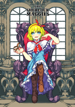 alice_margatroid arched_window blonde_hair blue_dress blue_eyes book boots brown_boots capelet carpet chair commentary_request crossed_legs deerstalker dress english_text hair_between_eyes hairband hat high_collar holding holding_smoking_pipe itsumo_nokoru knee_boots lace lace-trimmed_capelet lace-trimmed_ribbon lace-up_boots lace_trim light_blush looking_at_viewer monochrome_background muntins neck_ribbon on_chair open_mouth petticoat puffy_short_sleeves puffy_sleeves red_hairband ribbon short_hair short_sleeves sitting sleeve_cuffs smoking_pipe sword_world sword_world_2.0 touhou unworn_hat unworn_headwear white_capelet window