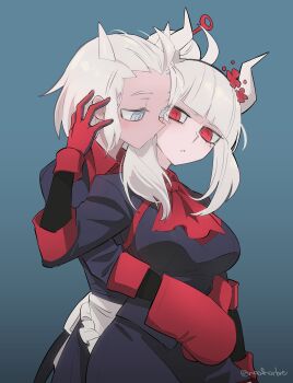 2girls absurdres alternate_hairstyle black_necktie blind blue_background blunt_bangs blush breasts demon_girl demon_horns fingerless_gloves gloves gradient_background grey_eyes hair_ornament hair_stick hand_up helltaker highres horns hug hug_from_behind jacket justice_(helltaker) large_breasts long_hair long_sleeves lucifer_(helltaker) mole mole_under_eye multiple_girls necktie noah_(tettsui-sole) official_alternate_costume pants red_eyes red_gloves shirt short_hair simple_background twitter_username white_hair white_horns yuri