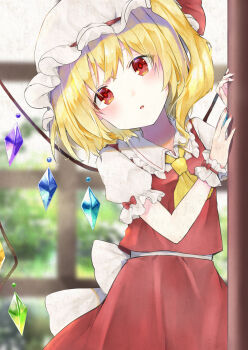 1girl ascot back_bow blonde_hair blurry blurry_background blush bow bush collared_shirt commentary_request crystal crystal_wings eyes_visible_through_hair flandre_scarlet frilled_shirt_collar frills hair_between_eyes hands_up hat hat_ribbon highres jewelry leaf looking_at_viewer minatsuki_yurara mob_cap multicolored_wings one_side_up open_mouth puffy_short_sleeves puffy_sleeves red_bow red_eyes red_ribbon red_skirt red_vest ribbon shirt short_hair short_sleeves skirt sky sleeve_bow solo standing touhou vest white_bow white_hat white_shirt white_sky window wings wrist_cuffs yellow_ascot