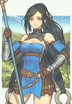 1girl armpits asymmetrical_bangs bare_shoulders belt black_hair breasts brown_belt brown_eyes brown_gloves cleavage closed_mouth commentary cowboy_shot detached_collar elbow_gloves english_commentary gloves gofelem hand_on_own_hip high_collar holding holding_polearm holding_weapon long_hair looking_at_viewer polearm ponytail radiant_historia raynie solo twitter_username vambraces weapon