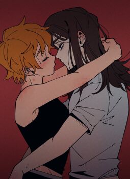 1boy 1girl abaddon_(haunted_hotel) aged_up arms_around_neck black_camisole blue_eyes blush brown_hair camisole commentary esther_freeling hands_on_another's_waist haunted_hotel hetero hickey highres insidej043 long_hair looking_at_another noses_touching orange_hair red_background shirt short_hair simple_background symbol-only_commentary undercut upper_body