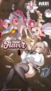 2girls black_nails black_skirt black_thighhighs braid bready_(nikke) cake chef_hat closed_mouth commentary cropped_shirt crust_(nikke) donut dress english_commentary food frying_pan goddess_of_victory:_nikke hat highres long_hair long_sleeves midair multiple_girls open_mouth panties pantyshot pink_dress red_shoes rolling_pin screencap shirt shoes short_sleeves skirt spatula strawberry_shortcake thick_thighs thighhighs thighs tongs tongue tongue_out twin_braids underwear whisk white_panties white_shirt