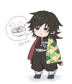 1boy belt black_hair black_jacket black_pants black_socks blue_eyes buttons chibi chibi_only commentary_request demon_slayer_uniform empty_eyes food full_body g_yu0o0 gold_buttons haori high_collar highres jacket japanese_clothes katana kikkoumon kimetsu_no_yaiba long_hair low_ponytail male_focus pants ponytail print_haori red_haori sandals shadow simple_background socks solo spiked_hair standing sword tomioka_giyuu twitter_username weapon white_belt