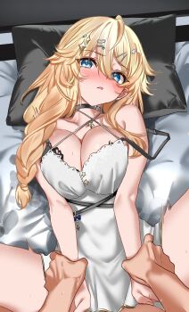 1girl absurdres black_choker blonde_hair blue_bow blush bow breasts choker cleavage collarbone dress hair_ornament heart heart_hair_ornament highres holding_another&#039;s_wrists implied_sex kaneko_lumi long_braid long_hair lying on_back phase_connect pillow second-party_source star_(symbol) strap_slip sweat vayneeeee virtual_youtuber white_dress wing_hair_ornament