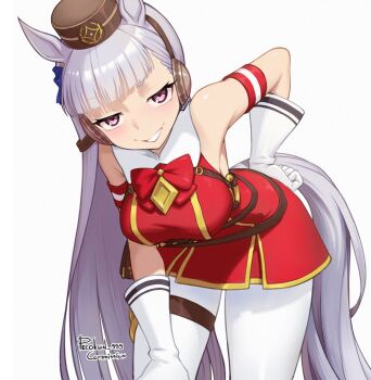 Rule 34 | 1girl, animal ears, armband, bare shoulders, blunt bangs, blush, bow, bowtie, breasts, brown hat, commentary, commission, dress, ear bow, ear ribbon, english commentary, gloves, gold ship (red strife) (umamusume), gold ship (umamusume), grey hair, hand on own hip, hat, highres, horse ears, horse girl, horse tail, large breasts, leaning forward, long hair, looking at viewer, pantyhose, pecokun 999, pillbox hat, purple eyes, red bow, red bowtie, red dress, simple background, sleeveless, sleeveless dress, smile, solo, striped armband, striped clothes, tail, thigh strap, umamusume, white background, white gloves, white pantyhose