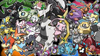 antennae arceus black_sclera blacknirrow blue_eyes blue_sclera celebi claws colored_sclera commentary darkrai deoxys deoxys_(normal) diancie double_helix double_v electricity english_commentary eyelashes fairy_wings fangs flower gem gen_1_pokemon gen_2_pokemon gen_3_pokemon gen_4_pokemon gen_5_pokemon gen_6_pokemon gen_7_pokemon gen_8_pokemon genesect green_eyes green_sclera grin highres hoopa hoopa_(confined) horns jirachi keldeo keldeo_(resolute) legendary_pokemon magearna magearna_(normal) manaphy marshadow mega_diancie mega_pokemon melmetal meloetta meloetta_(aria) meltan mew_(pokemon) mythical_pokemon nintendo no_humans no_sclera nut_(hardware) open_mouth outline phione pink_flower pink_gemstone pokemon pokemon_(creature) portal_(object) rayman_limbs robot shaymin shaymin_(land) single_horn smile tail teeth v v-shaped_eyes victini volcanion white_outline wings yellow_sclera zarude zeraora